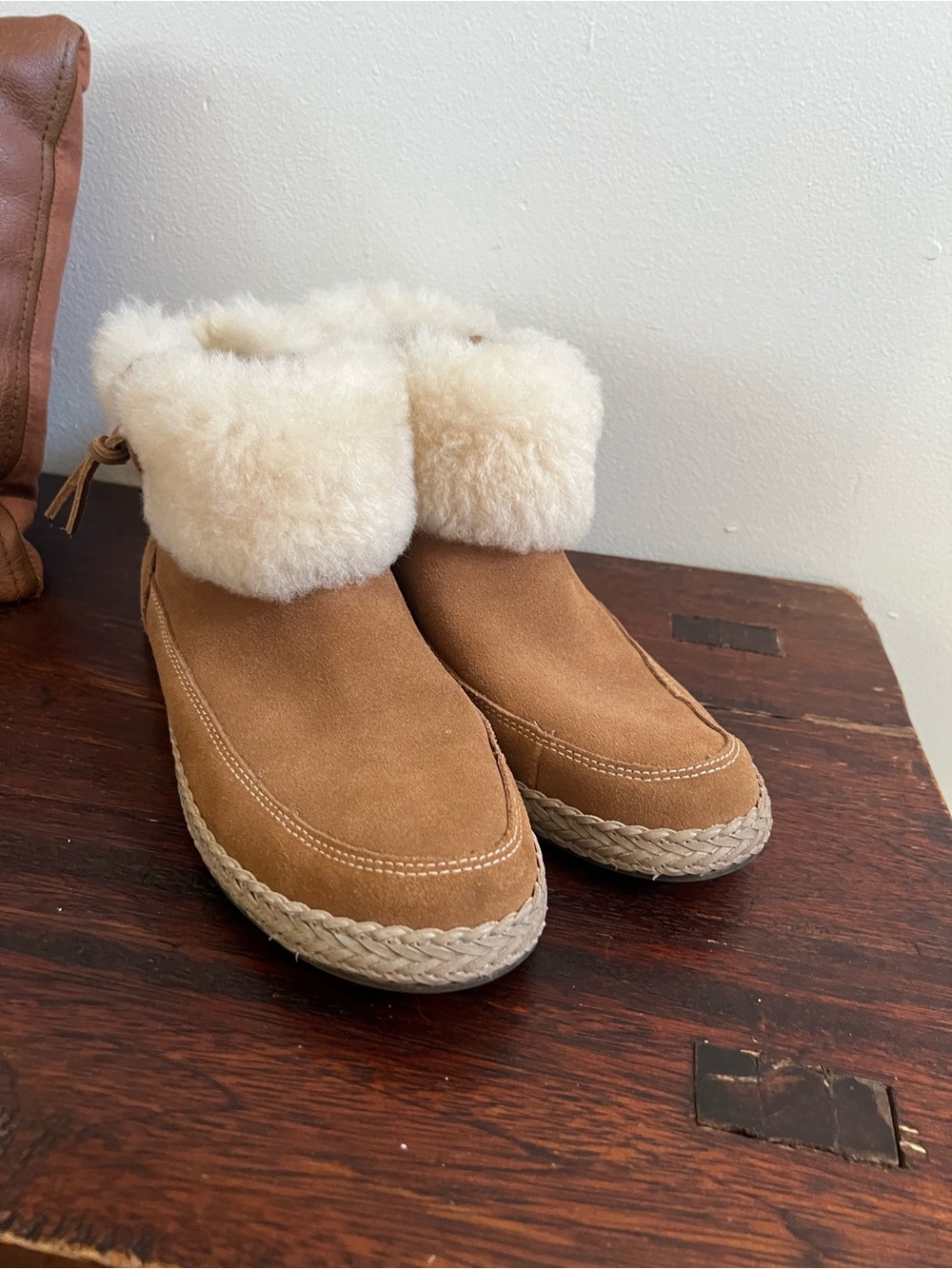 UGG Chestnut Suede Shearling-Cuff Slip-On Booties